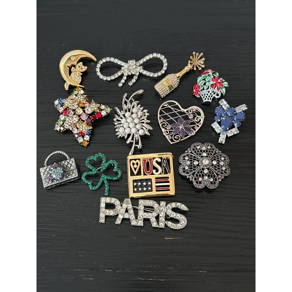 Lot of 13 Vintage & Non-Vintage Brooches/Pins Rhinestone & Enamel Accents Bling